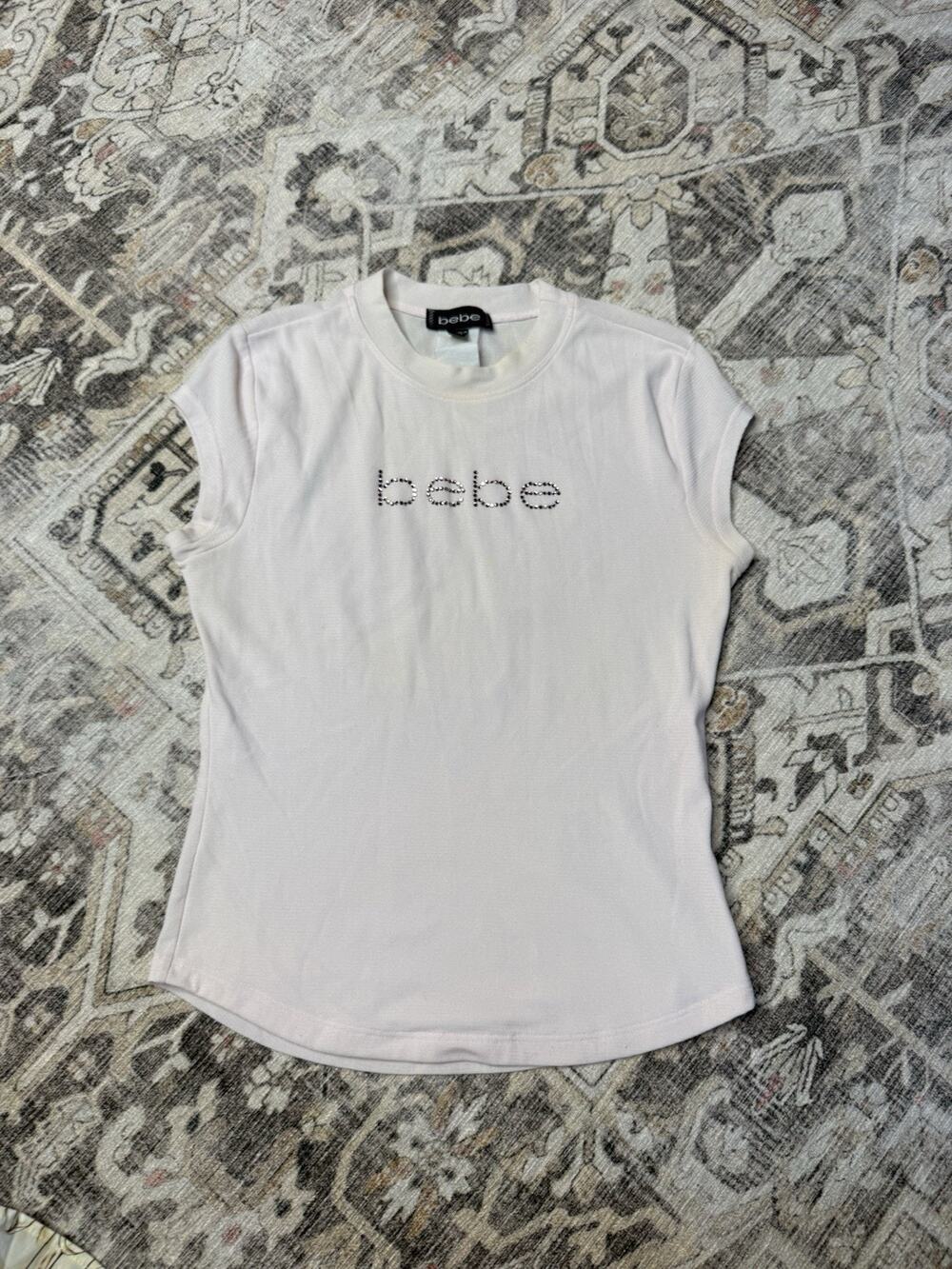 Bebe Pink Mesh Rhinestone Logo Top Sheer Short Sleeve Stretch Y2K Made In USA